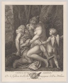 Venus mourning Adonis, seated beneath a tree and embracing him, with Cupid at right, c..., ca. 1786. Creators: Gérard René Le Vilain, Bernard Duvivier