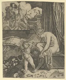 Venus naked sitting at right drying her foot with a piece of drapery, Cupid, in fro..., ca. 1520-30. Creator: Anon