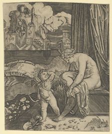Venus naked sitting at right drying her foot with a piece of drapery, Cupid, in fro..., ca. 1520-30. Creator: Anon