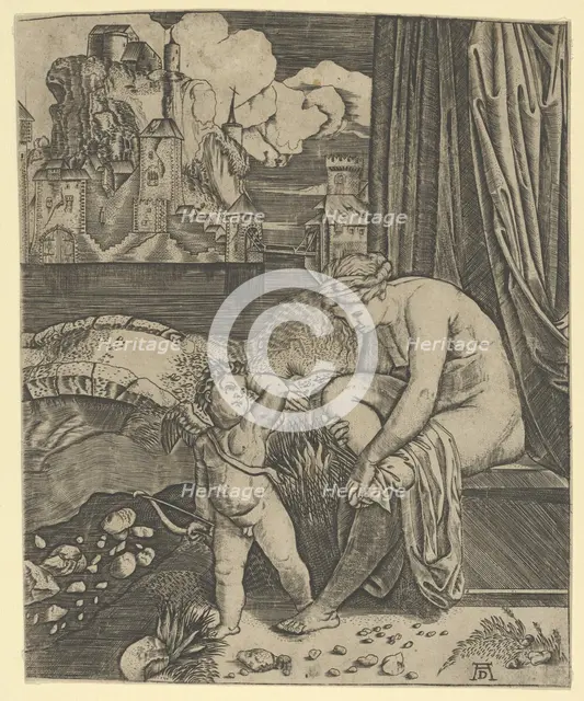 Venus naked sitting at right drying her foot with a piece of drapery, Cupid, in fro..., ca. 1520-30. Creator: Anon.