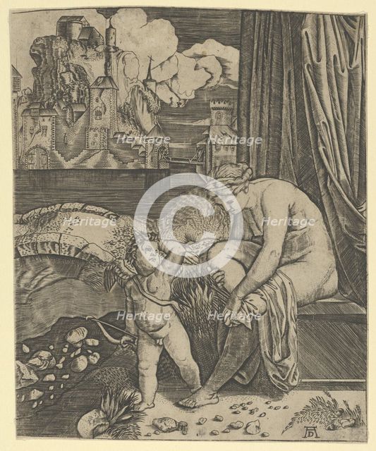 Venus naked sitting at right drying her foot with a piece of drapery, Cupid, in fro..., ca. 1520-30. Creator: Anon.
