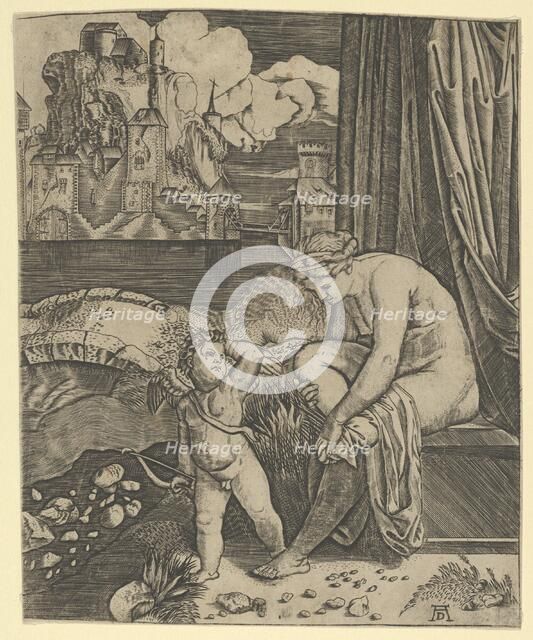 Venus naked sitting at right drying her foot with a piece of drapery, Cupid, in fro..., ca. 1520-30. Creator: Anon.