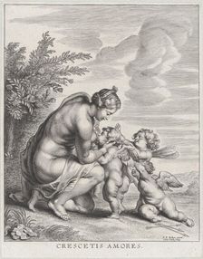 Venus nursing three Cupids in a landscape, ca. 1627-78. Creator: Cornelis Galle II