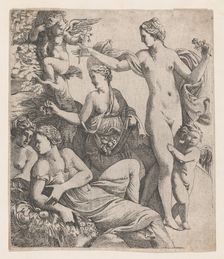 Venus, standing with the three Graces, is offered a flower from a putto, 1607-61. Creator: Pierre Biard