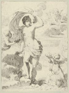 Venus stepping out of the sea, holding a billowing drapery in her left hand, Cupid.., ca. 1600-1640. Creator: Anon