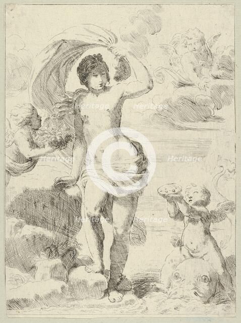 Venus stepping out of the sea, holding a billowing drapery in her left hand, Cupid.., ca. 1600-1640. Creator: Anon.