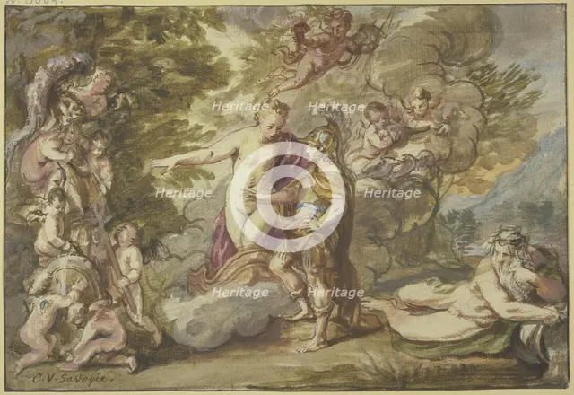 Venus presents Aeneas with weapons, 17th century. Creator: Carel van Savoy.