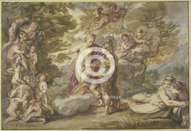 Venus presents Aeneas with weapons, 17th century. Creator: Carel van Savoy.