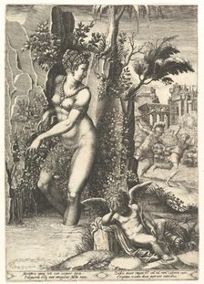 Venus pricked by the thorns on a rose bush, in the background Mars chasing Adonis, in the ..., 1556. Creator: Giorgio Ghisi