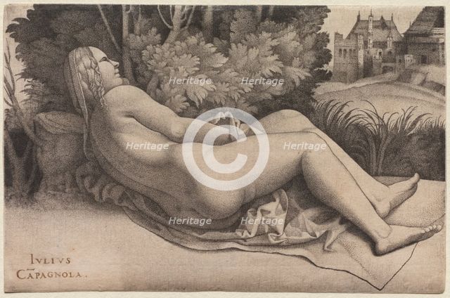 Venus Reclining in a Landscape, c. 1508-9. Creator: Giulio Campagnola (Italian, 1482-1515).