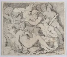 Venus, recumbent on a shell, surrounded by sea gods, 1520-1600. Creator: Anon