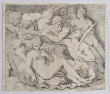 Venus, recumbent on a shell, surrounded by sea gods, 1520-1600. Creator: Anon