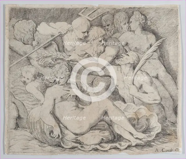 Venus, recumbent on a shell, surrounded by sea gods, 1520-1600. Creator: Anon.