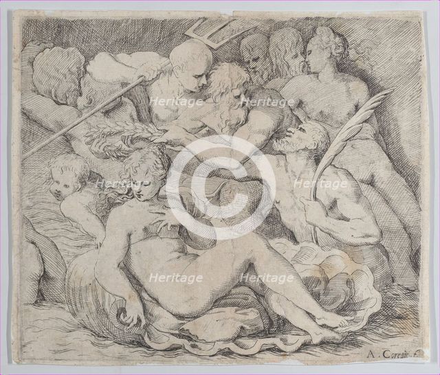 Venus, recumbent on a shell, surrounded by sea gods, 1520-1600. Creator: Anon.