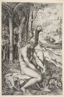 Venus removing a thorn from her left foot while seated on a cloth next to trees, a ..., ca. 1515-27. Creator: Marco Dente