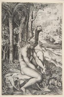 Venus removing a thorn from her left foot while seated on a cloth next to trees, a ..., ca. 1515-27. Creator: Marco Dente
