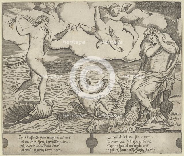 Venus riding a conch at left and cowering man (Jason) at right, Eros riding a makes..., ca. 1530-50. Creator: Anon.