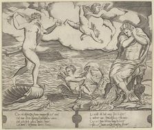 Venus riding a conch at left and cowering man (Jason) at right, Eros riding a makes..., ca. 1530-50. Creator: Anon