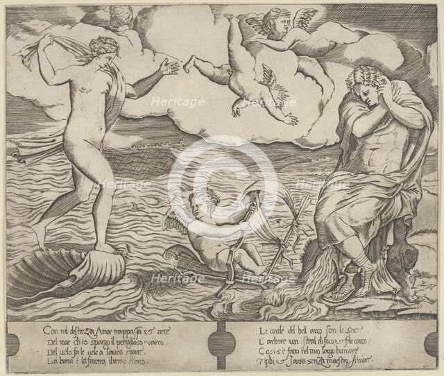 Venus riding a conch at left and cowering man (Jason) at right, Eros riding a makes..., ca. 1530-50. Creator: Anon.