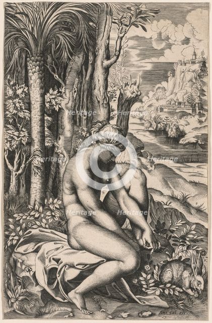 Venus Wounded by a Rose's Thorn, c. 1516. Creator: Marco Dente (Italian, c. 1486-1527); Antonio Salamanca (c.1500-1562).