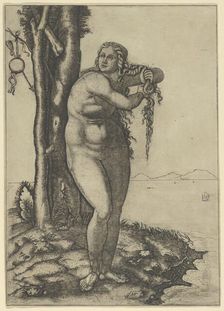 Venus wringing the water from her hair, standing at the water's edge, 1506., Creator: Marcantonio Raimondi