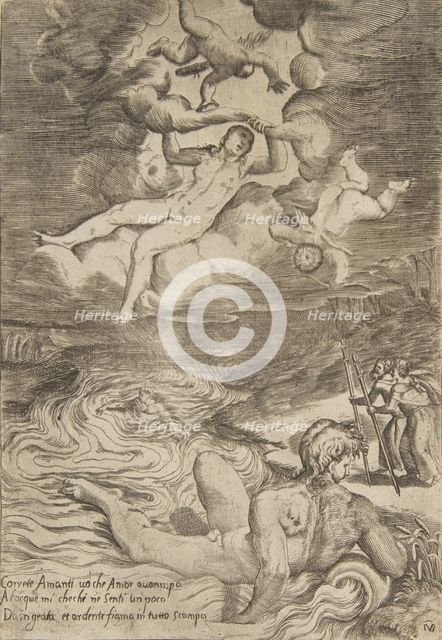 Venus tumbling with putti in the clouds, from 'The Loves of the Gods', ca. 1531-76. Creator: Giulio Bonasone.