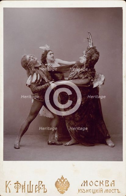 Vera Karalli, Mikhail Mordkin and Alexey Kozlov in the ballet Swan Lake by P. Tchaikovsky, 1906. Creator: Karl August Fischer.