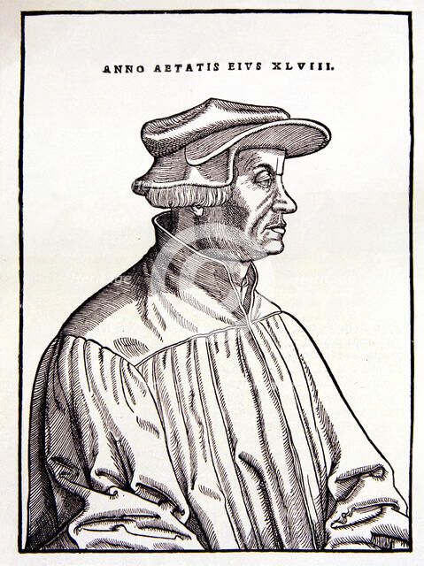 Verico Zwingli (1484-1531), Swiss humanist and reformer in an engraving of the age.