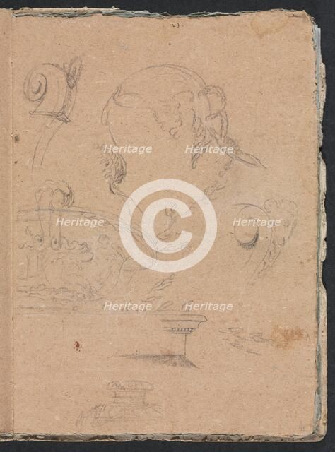 Verona Sketchbook: Architectural motifs with female head (page 45), 1760. Creator: Francesco Lorenzi (Italian, 1723-1787).
