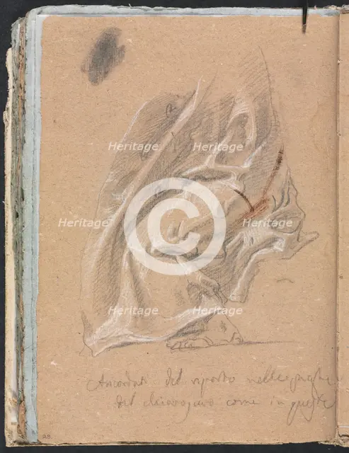 Verona Sketchbook: Drapery study with foot and inscription (page 88) , 1760. Creator: Francesco Lorenzi (Italian, 1723-1787).
