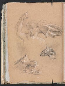 Verona Sketchbook: Figure with upraised right arm and drapery studies (page 68), 1760. Creator: Francesco Lorenzi (Italian, 1723-1787)