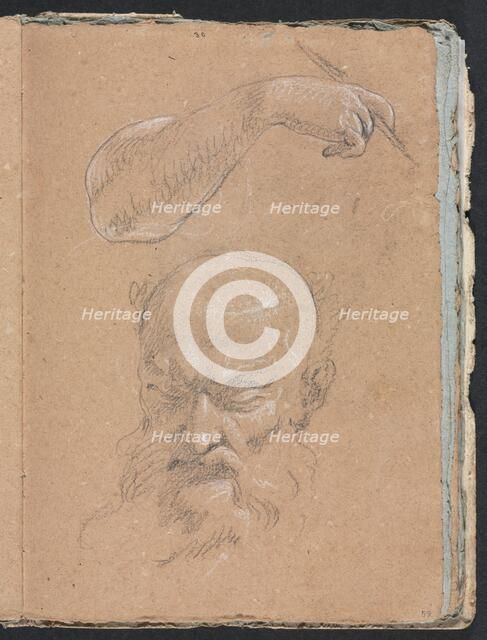 Verona Sketchbook: Head of a bearded man and right arm and hand (page 59), 1760. Creator: Francesco Lorenzi (Italian, 1723-1787).