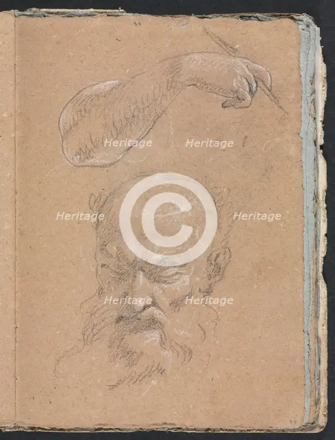 Verona Sketchbook: Head of a bearded man and right arm and hand (page 59), 1760. Creator: Francesco Lorenzi (Italian, 1723-1787).
