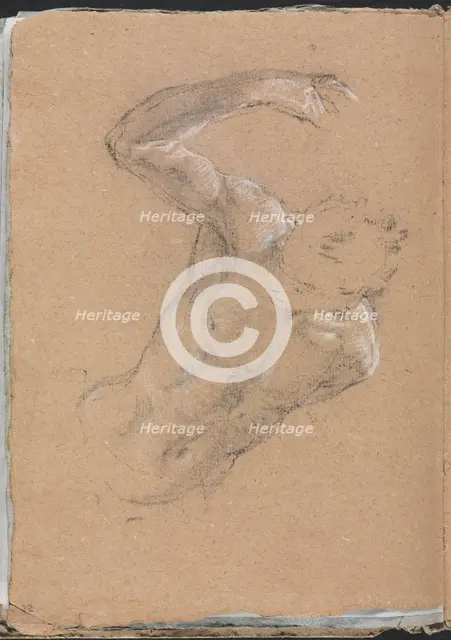 Verona Sketchbook :Male nude with upraised right arm (page 32), 1760. Creator: Francesco Lorenzi (Italian, 1723-1787).