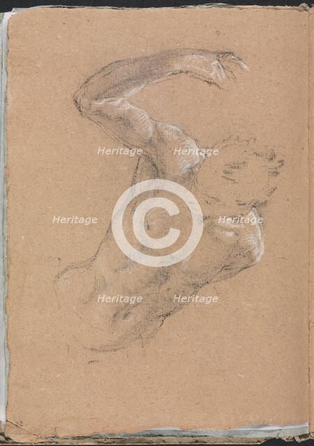 Verona Sketchbook :Male nude with upraised right arm (page 32), 1760. Creator: Francesco Lorenzi (Italian, 1723-1787).