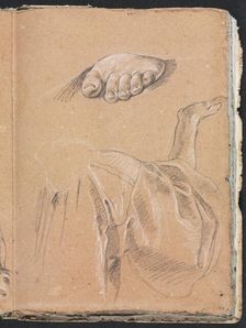 Verona Sketchbook: Study of a left foot and drapery study with right arm (page 79), 1760. Creator: Francesco Lorenzi (Italian, 1723-1787)