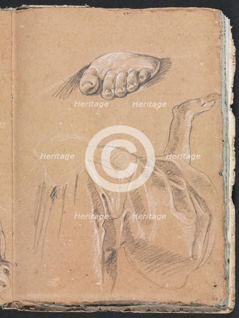 Verona Sketchbook: Study of a left foot and drapery study with right arm (page 79), 1760. Creator: Francesco Lorenzi (Italian, 1723-1787).