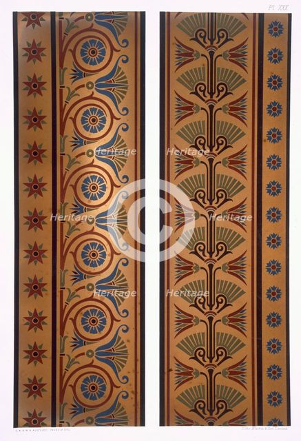 Vertical bands or borders in dark colours on gold ground, pub. 1892. Creator: George Ashdown Audsley (1838-1925).