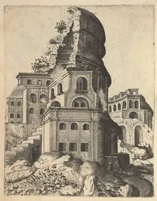 Vertical Landscape with the Ruins of the Temple of Venus and Roma, from the series Ruinar..., 1554. Creator: Lambert Suavius