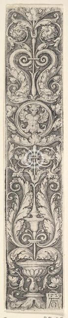 Vertical Panel with a Candelabrum Containing a Medallion with a Centaur and a Pair of Dolp..., 1529. Creator: Heinrich Aldegrever.