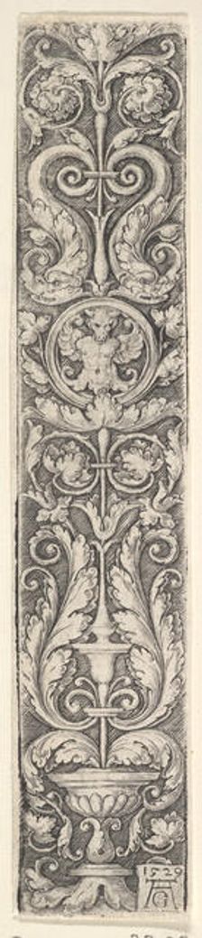 Vertical Panel with a Candelabrum Containing a Medallion with a Centaur and a Pair of Dolp..., 1529. Creator: Heinrich Aldegrever