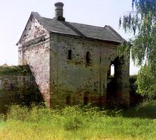 Very old stone building in the garden of the Rostov Kremlin, which according to legend..., 1911. Creator: Sergey Mikhaylovich Prokudin-Gorsky
