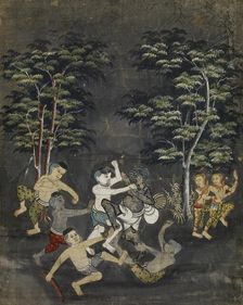 Vessantara Jataka, Chapter 11: Jujaka Beset by Villagers, c1875-1925. Creator: Unknown