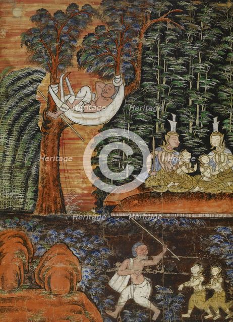 Vessantara Jataka, Chapter 11: Jujaka Treats Jali and Kanha Poorly; While Jujaka..., c1875-1925. Creator: Unknown.