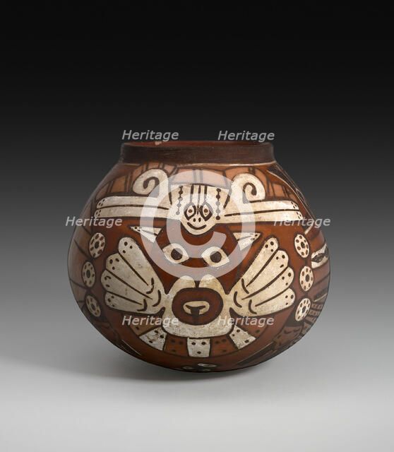 Vessel Depicting a Costumed Ritual Performer Holding a Staff and a Trophy Head, 180 B.C./A.D. 500. Creator: Unknown.