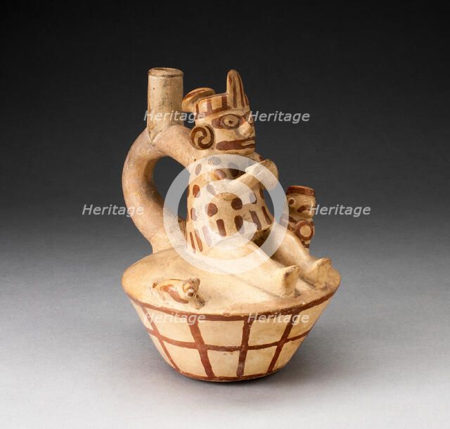 Vessel with a Figure Drinking from Cup, with Small Warrior and Dog, 100 B.C./A.D. 500. Creator: Unknown.