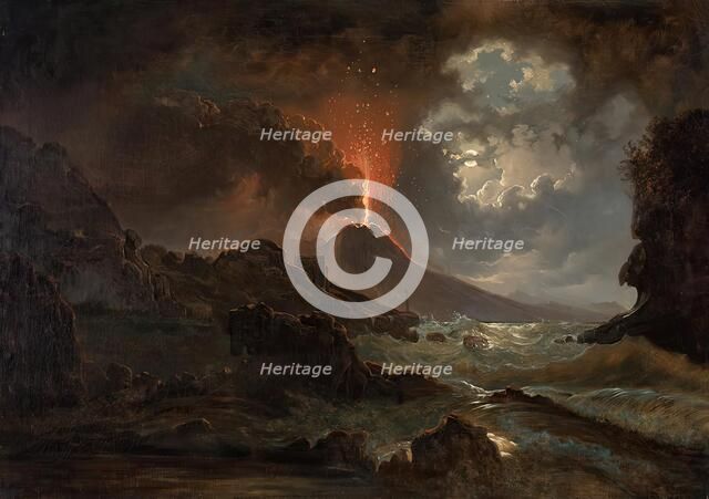 Vesuvius eruption at night with a view of the Scuola di Virgilio, 1822. Creator: Joseph Rebell.