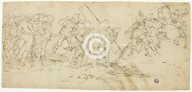 Via Crucis; Christ Falling Beneath the Cross (recto) Sketch of Male Nude (verso), 1560/70. Creator: Unknown.