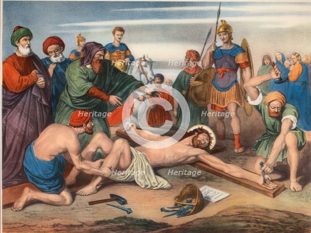 Via Crucis. Eleventh Station. Jesus is nailed to the cross. Drawing by Pascual. Barsal Editions, …