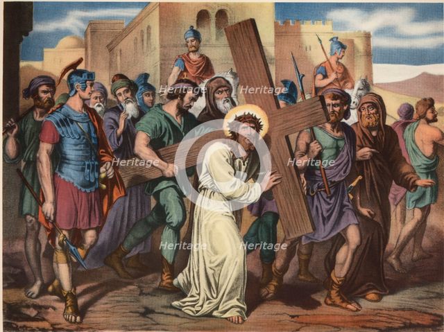Via Crucis. Fifth station. Simon of Cyrene helps Jesus to carry the cross. Drawing by Pascual. Ba…